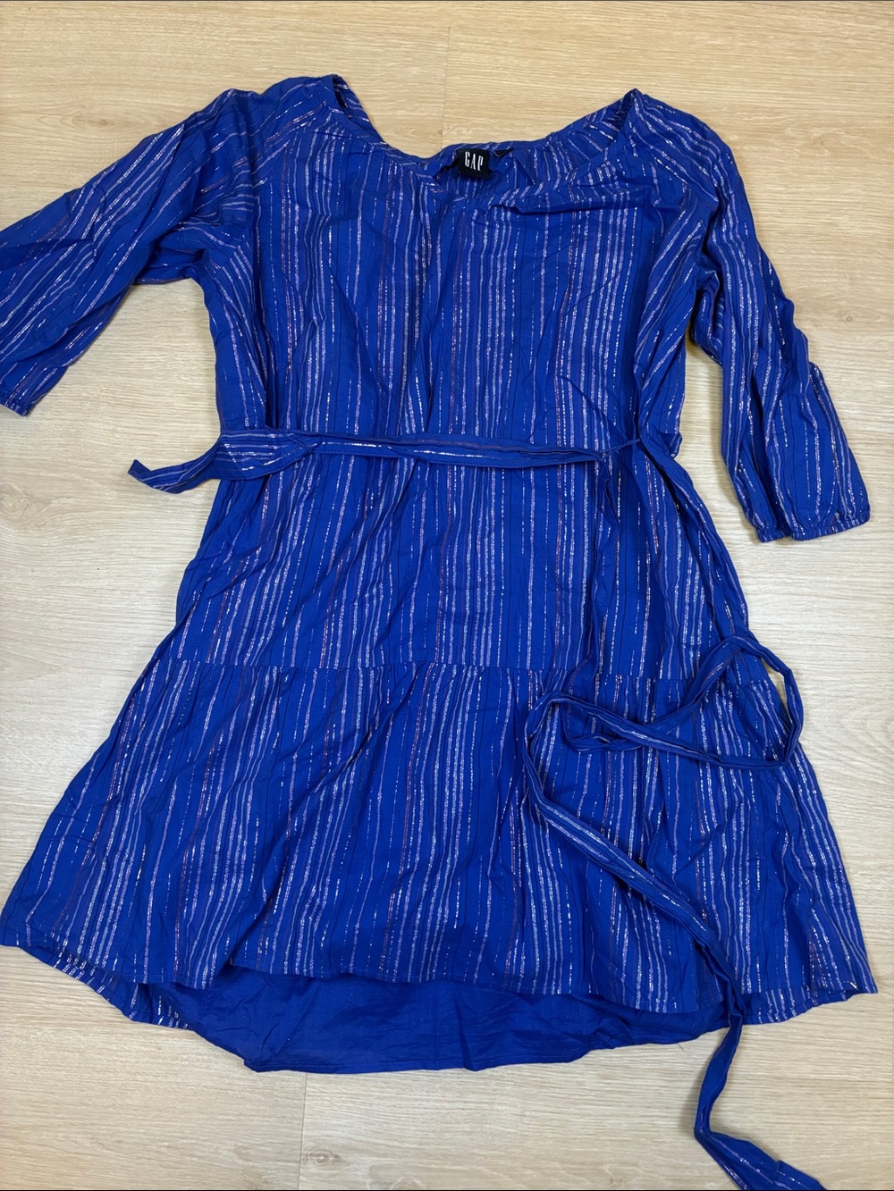 GAP Royal Blue Metallic-Striped Tie-Waist Dress